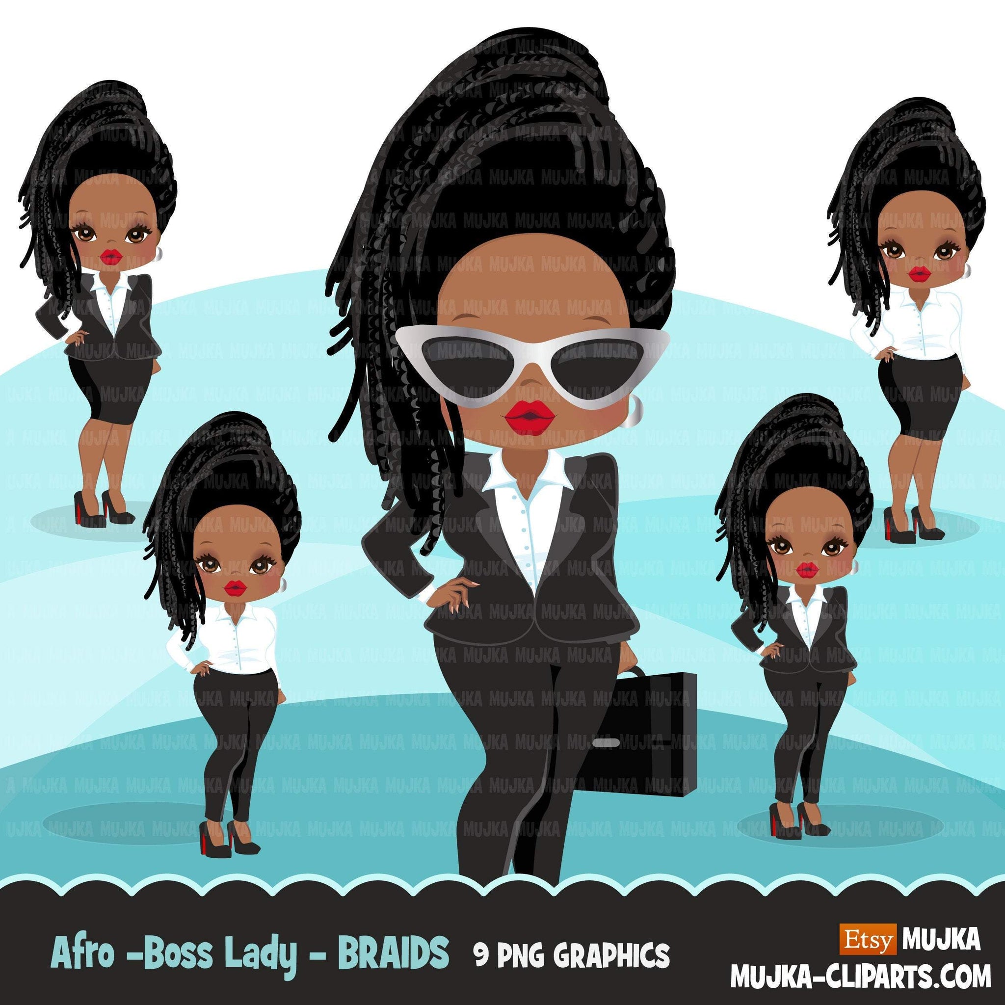 Afro black woman clipart with business suit, briefcase and glasses African-American graphics, print and cut T-Shirt Designs, Black Girls clip art