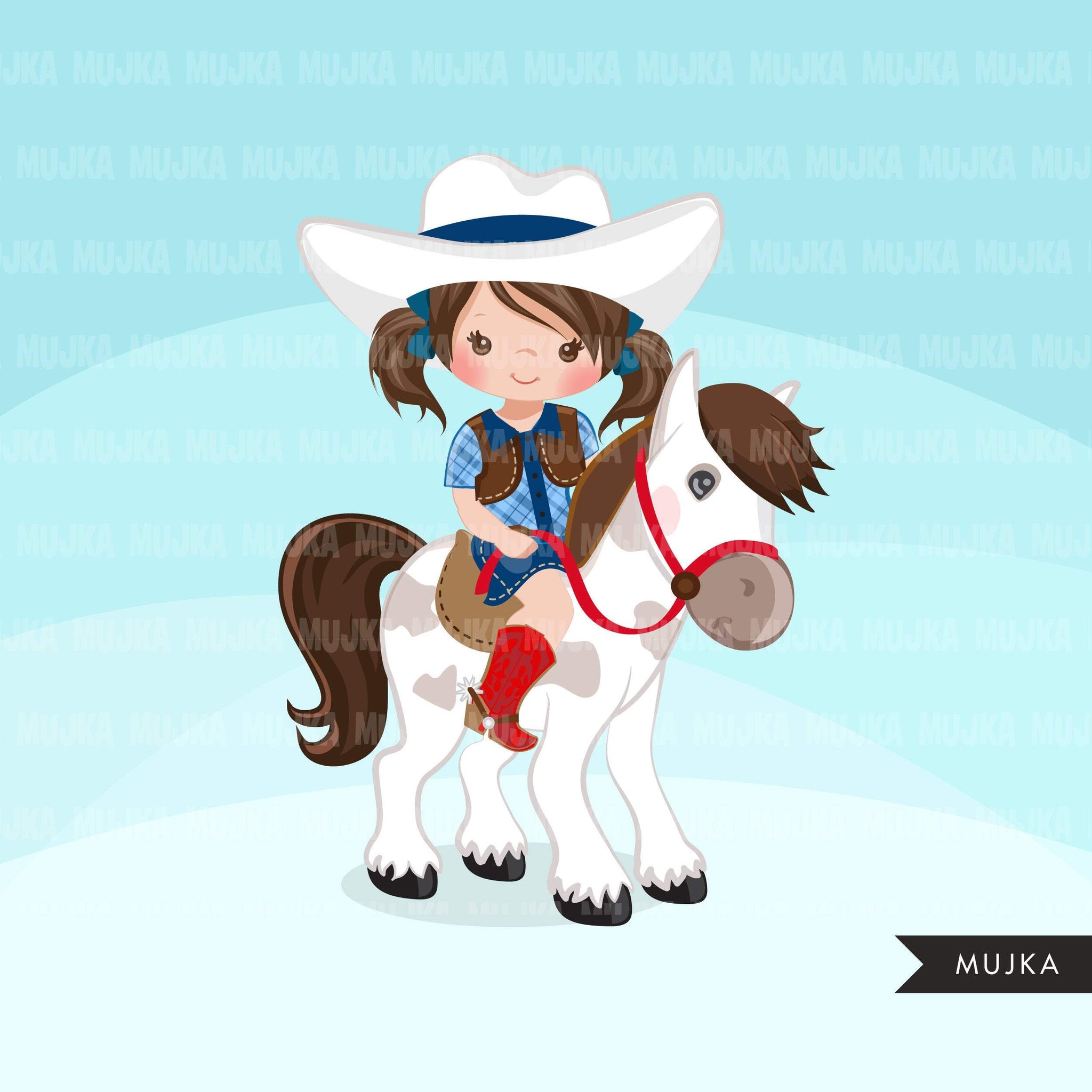 Cowgirl with horse clipart, farmer characters country farm graphics, western wild west girl clip art
