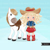 Cowgirls with curly hair and horse clipart, farmer characters country farm graphics, western wild west girl clip art