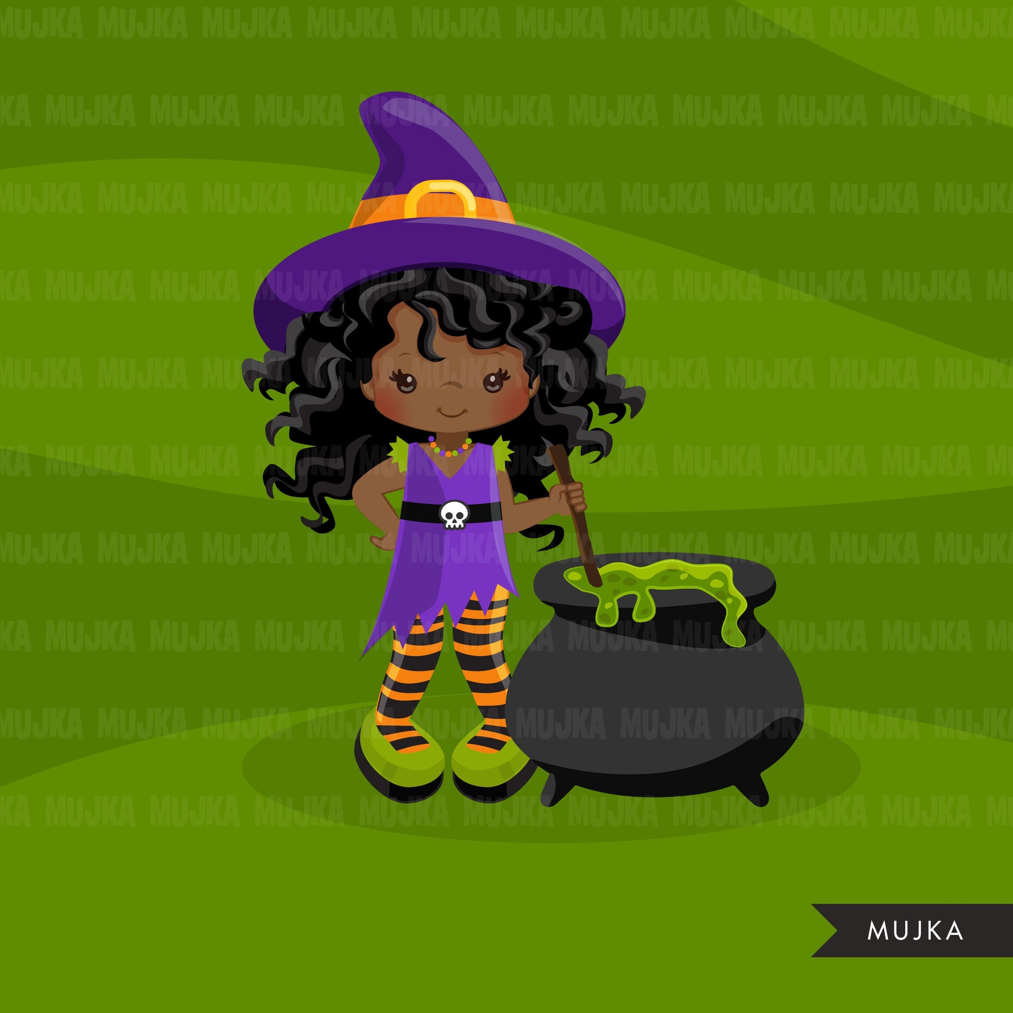 Halloween witch black girls clipart. Afro Cute kids in witch costumes