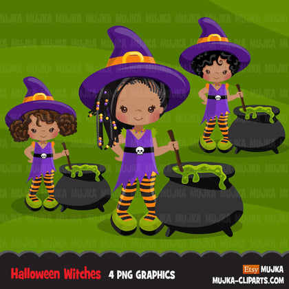 Halloween witch black girls clipart. Afro Cute kids in witch costumes 2