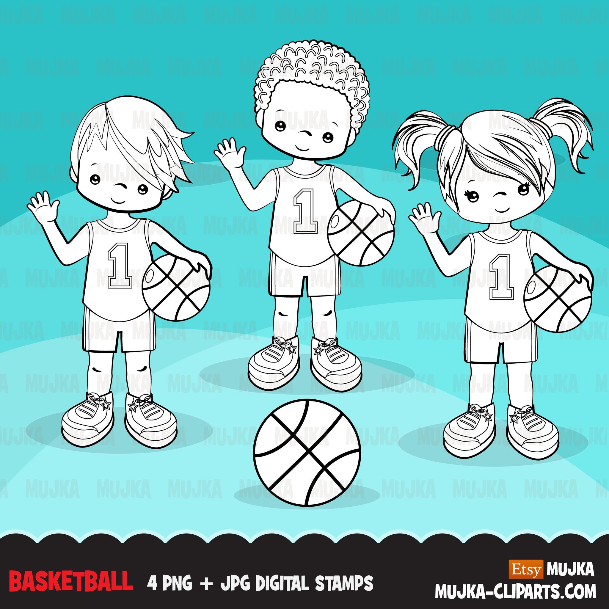 Basketball players Digital Stamps, Sports Graphics, B&W clip art outline