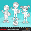 Basketball players Digital Stamps, Sports Graphics, B&W clip art outline