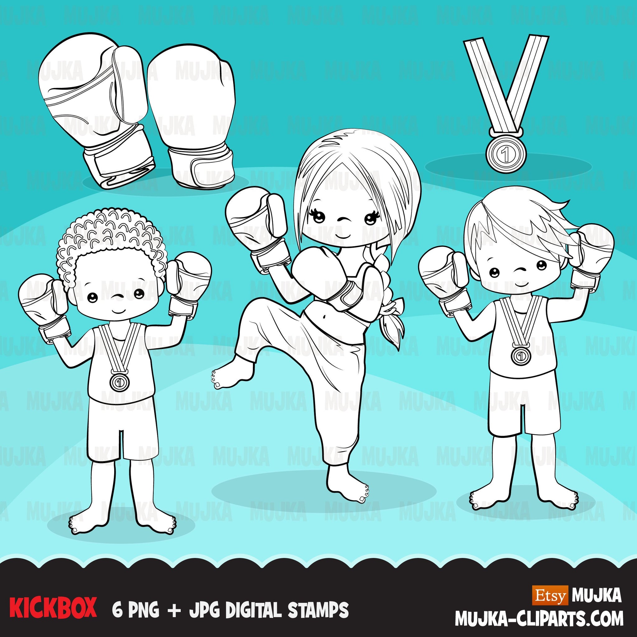 Kickboxing Digital Stamps, Sports Graphics, B&W clip art outline kickbox, boxing gloves