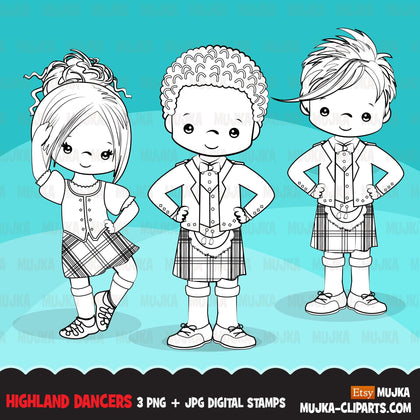 Highland dancers digital stamps, Cute Scottish dancers with kiltie, school activity, Scottish tradition graphic, B&W clip art outline