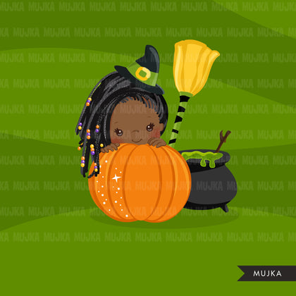 Halloween peek a boo peeking girls clipart.  Afro black Cute kids peeking on pumpkin