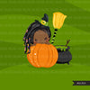 Halloween peek a boo peeking girls clipart.  Afro black Cute kids peeking on pumpkin