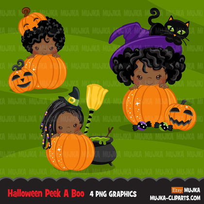 Halloween peek a boo peeking girls clipart.  Afro black Cute kids peeking on pumpkin