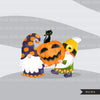 Halloween gnomes Clipart, Scandinavian Gnome graphics, pumpkin, witch hat, cute characters clip art