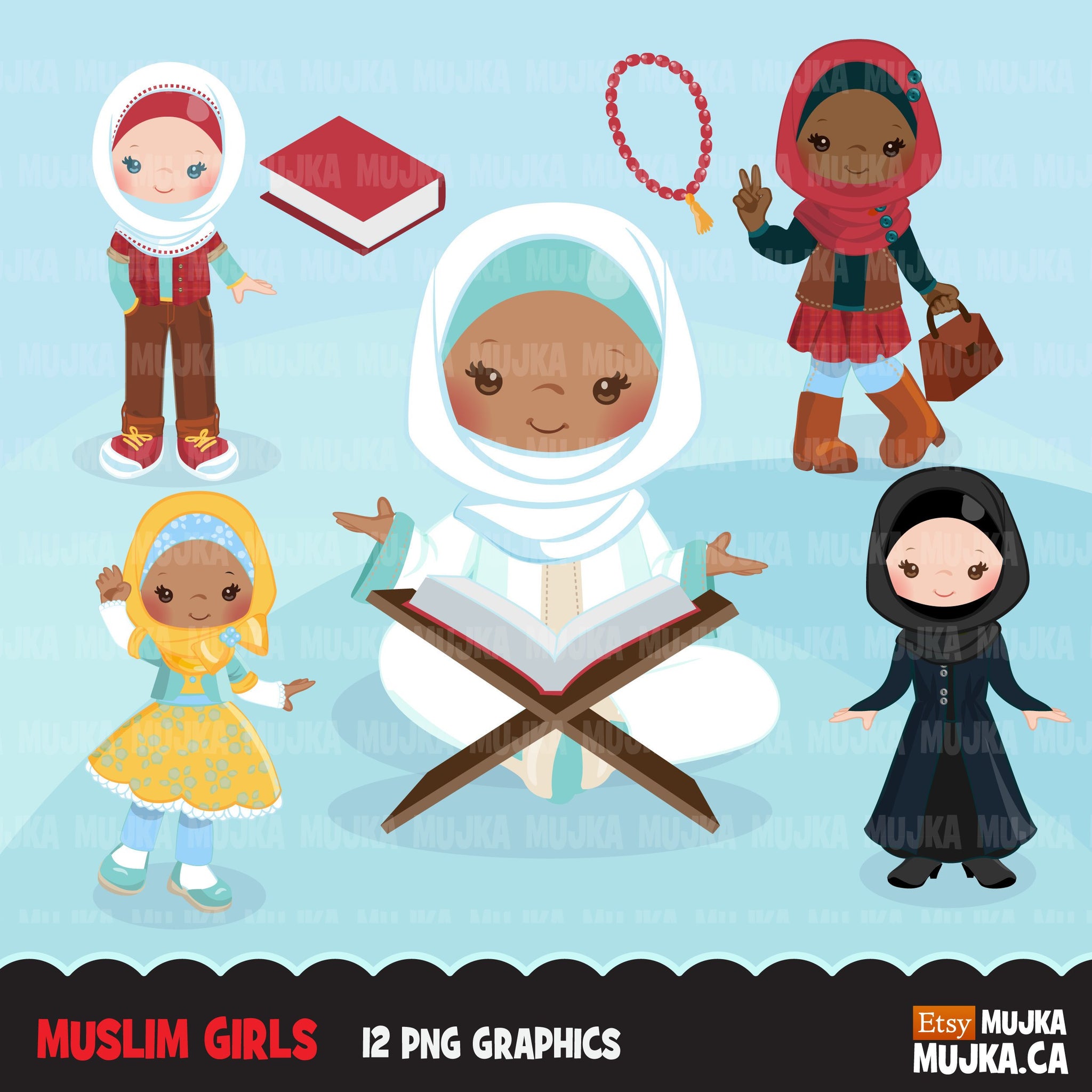 Clipart de meninas muçulmanas, gráficos do Islã, leitura do Alcorão para crianças com Hijab e Misbaha, clipart Tasbih, religioso