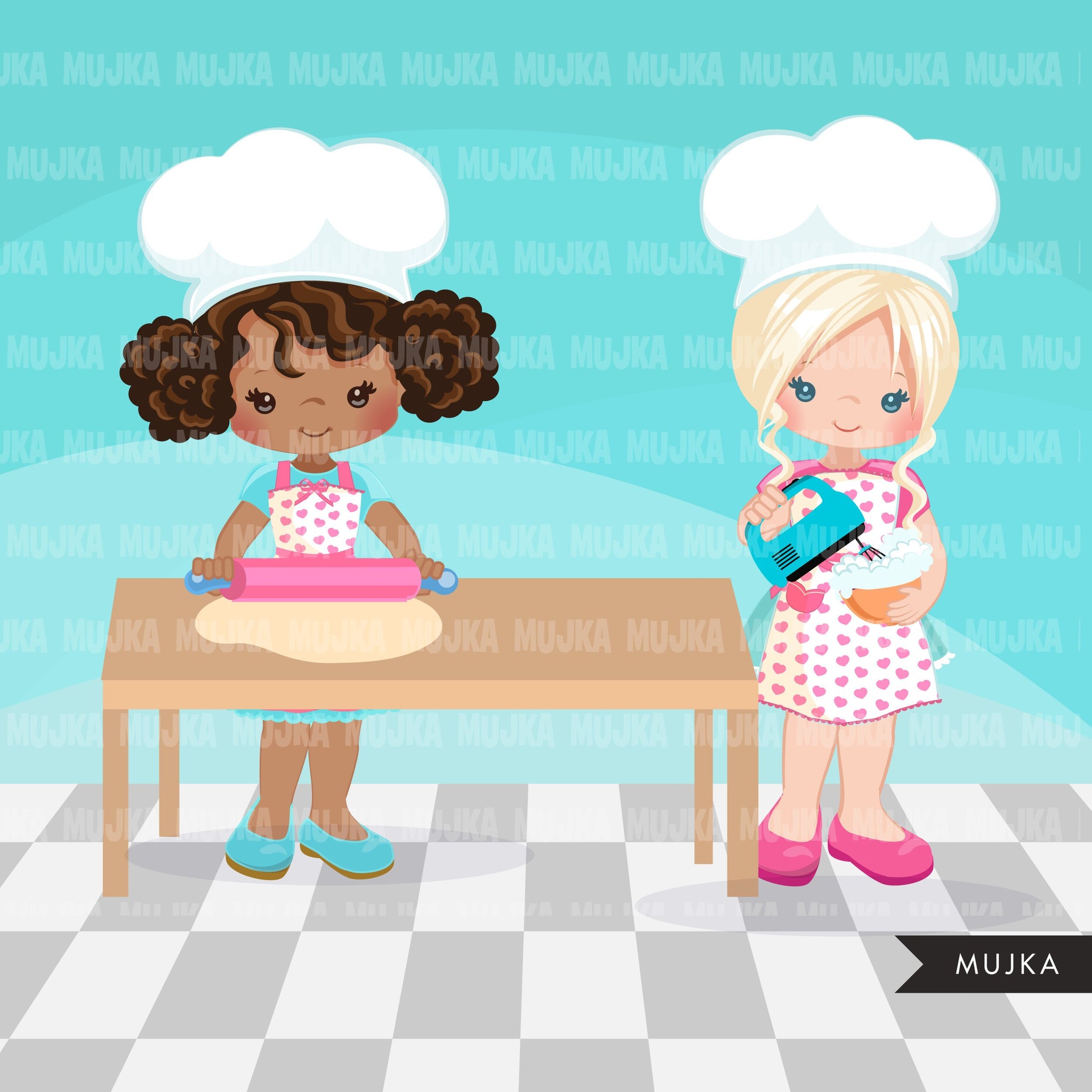 Baking Clipart, little baker girls, pastry chef, cake and cookie