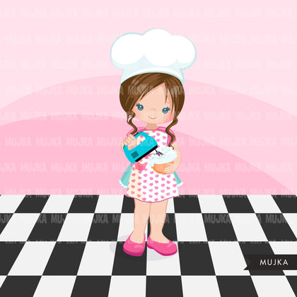 Baking Clipart, Cute baker girls with baking tools