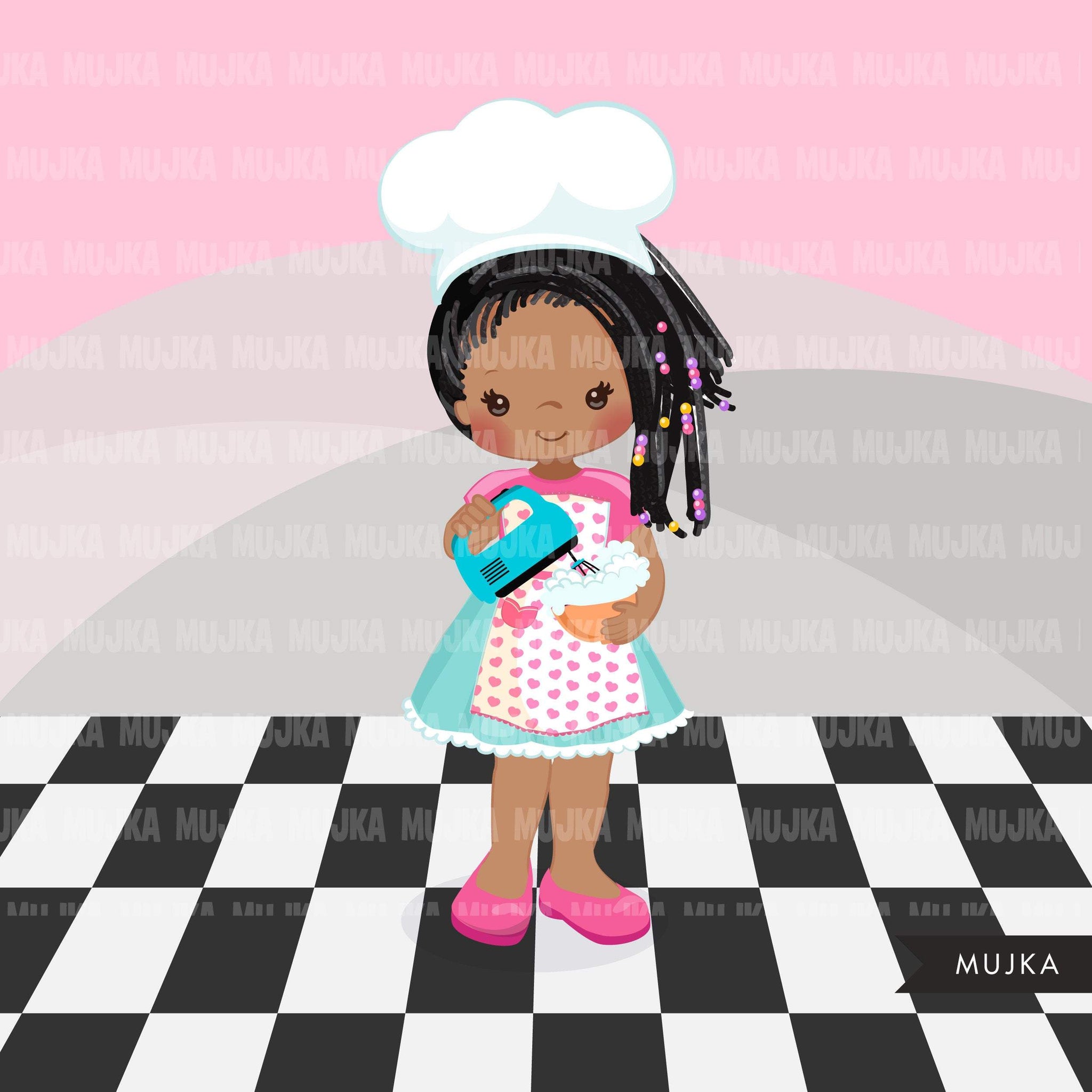 Baking Clipart, Cute black afro baker characters, kitchen chores, baking party, cake, spatula, pastry chef, cookie graphics, baking fun clip art