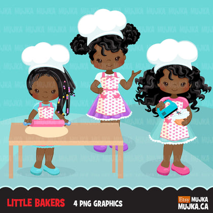 Baking Clipart, Cute black afro baker girl characters, kitchen chores, baking party, cake, spatula, pastry chef, cookie graphics, baking fun clip art