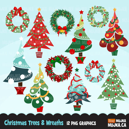 Christmas trees and wreaths clipart, noel graphics