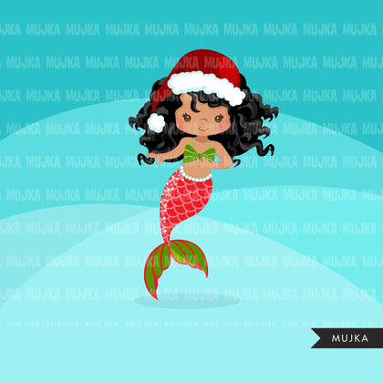 Christmas Mermaid clipart, holiday mermaid graphics, mermaid princess, birthday party, african american girl, clip art