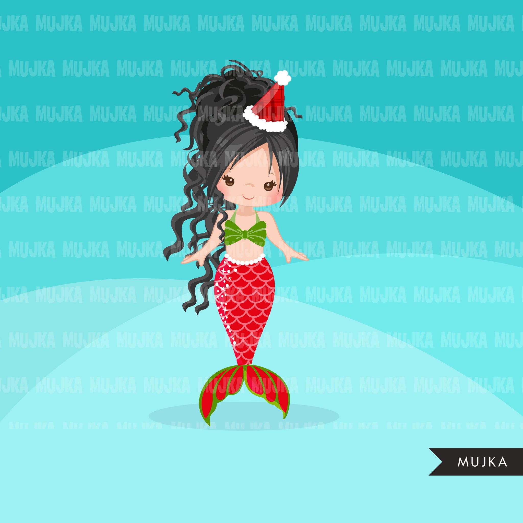 Christmas Mermaid clipart, holiday mermaid graphics, mermaid princess, birthday party, african american girl, clip art