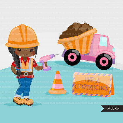 Construction Clipart, Little girl contractor, hard hat, dump truck, crane, excavator, bulldozer vehicle, tools, drill, safety jacket