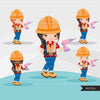 Construction Clipart, Little girl contractor, hard hat, dump truck, crane, excavator, bulldozer vehicle, tools, drill, safety jacket