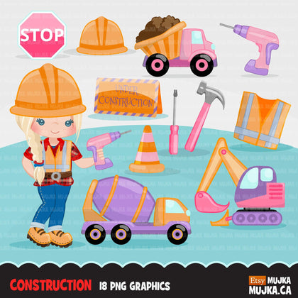 Construction Clipart, Little girl contractor, hard hat, dump truck, crane, excavator, bulldozer vehicle, tools, drill, safety jacket