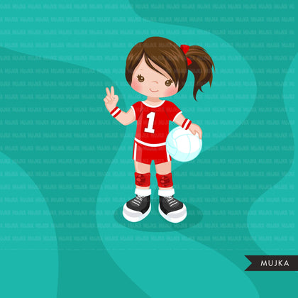 Volleyball players clipart, african american girl, card making, planner stickers, activity, outdoor sports, school clip art