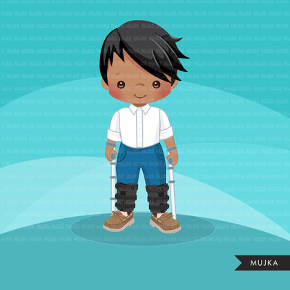 Special Needs leg braces clipart, disability, boy characters with walkers, african american, card making, planner stickers, disable clip art