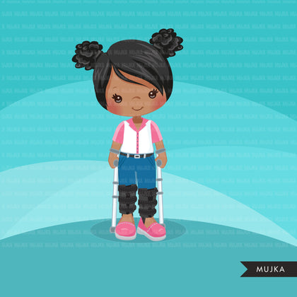 Special Needs leg braces clipart, disability, girl characters with walkers, african american, card making, planner sticker, disable clip art