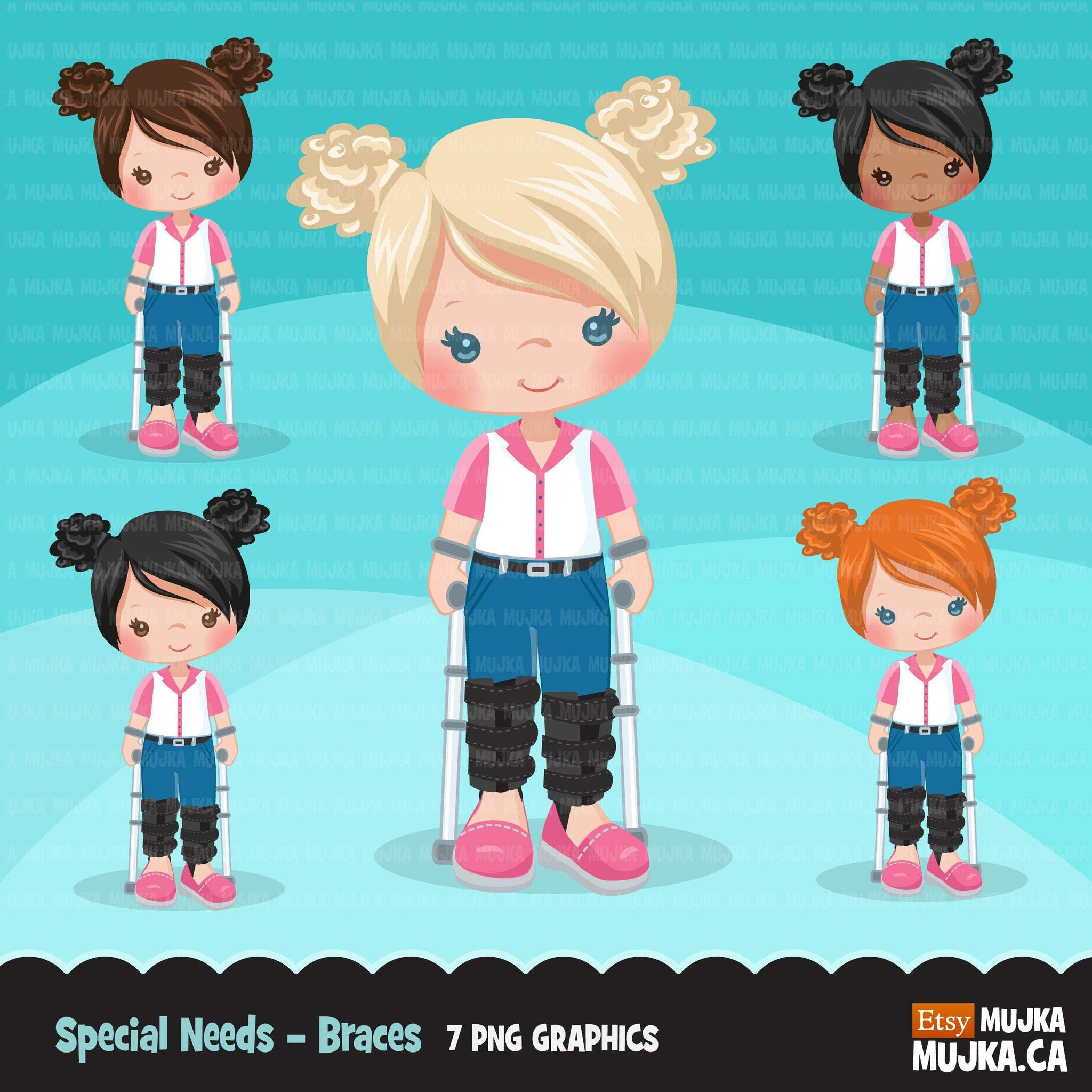 Special Needs leg braces clipart, disability, girl characters with walkers, african american, card making, planner sticker, disable clip art