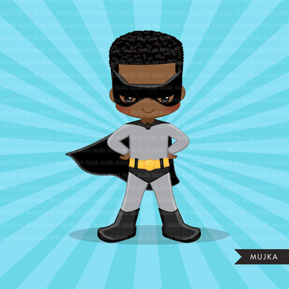 Black Superhero boys Clipart splash background & cute characters