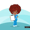 Afro black woman nurse clipart with scrubs and patient chart African-American graphics, print and cut PNG T-Shirt Designs, Black Girls clip art