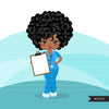 Afro black woman nurse clipart with scrubs and patient chart African-American graphics, print and cut PNG T-Shirt Designs, Black Girls clip art