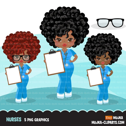 Afro black woman nurse clipart with scrubs and patient chart African-American graphics, print and cut PNG T-Shirt Designs, Black Girls clip art