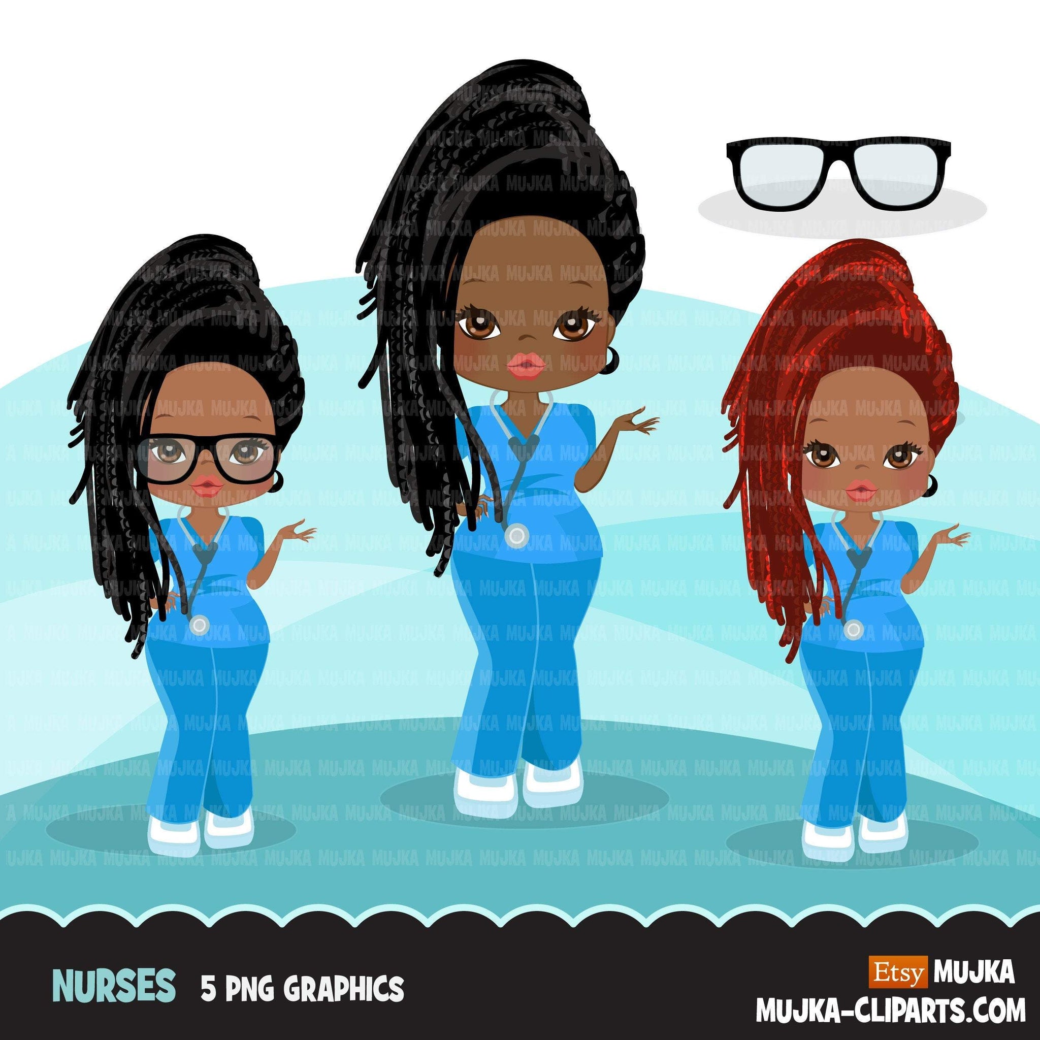 Afro black woman nurse clipart with scrubs braid hair African-American graphics, print and cut PNG T-Shirt Designs, Black Girls clip art