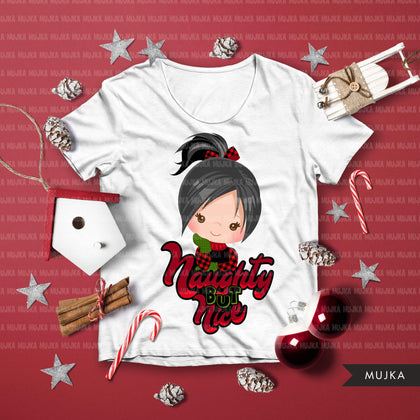 Christmas PNG digital, Naughty but Nice HTV sublimation image transfer clipart, t-shirt graphics brunette girls