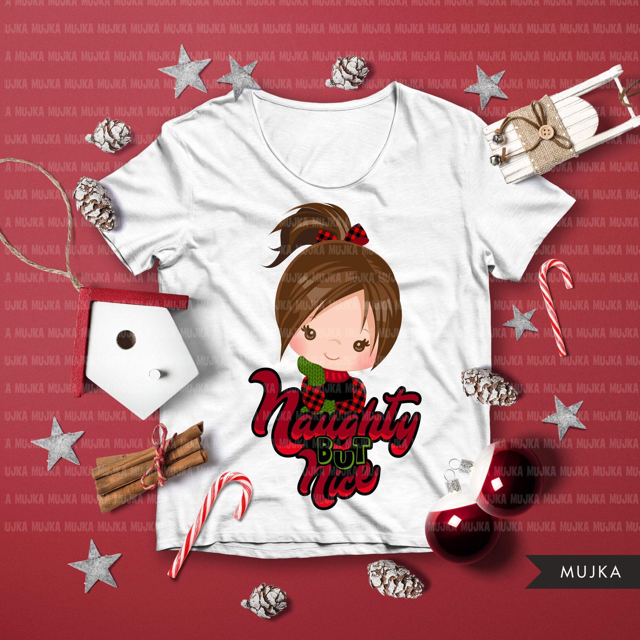 Christmas PNG digital, Naughty but Nice HTV sublimation image transfer clipart, t-shirt graphics brunette girls