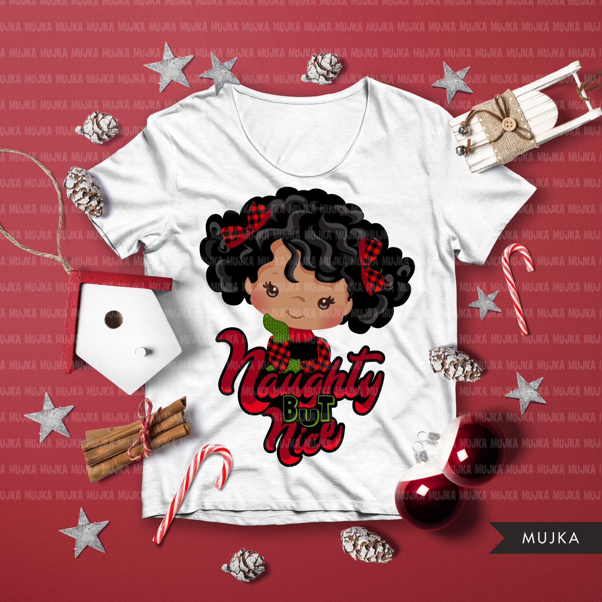 Christmas PNG digital, Afro Naughty but Nice HTV sublimation image transfer clipart, t-shirt graphics, Afro Plaid little girl characters