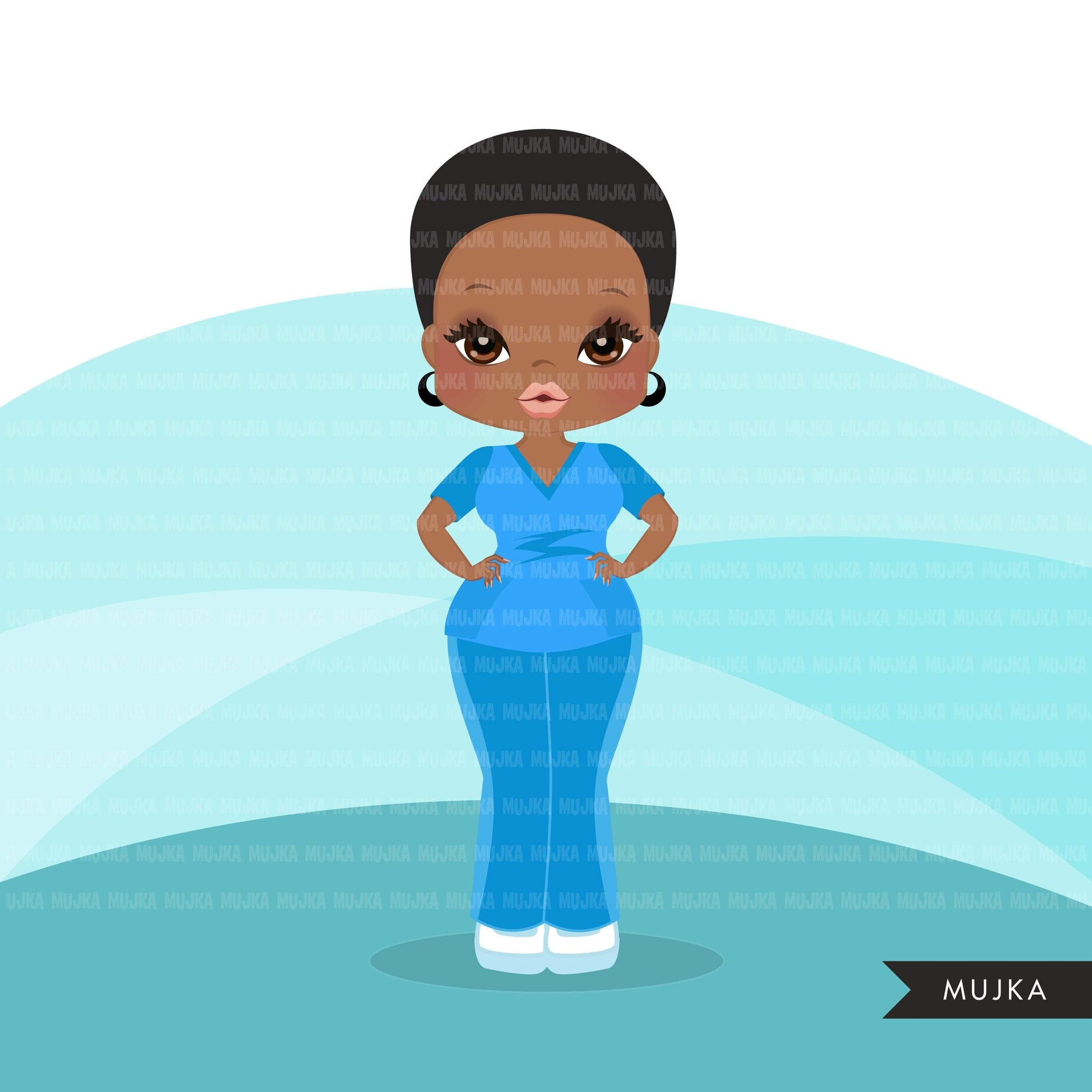 Afro black woman nurse clipart with scrubs African-American graphics, print and cut PNG T-Shirt Designs, Black Girls clip art