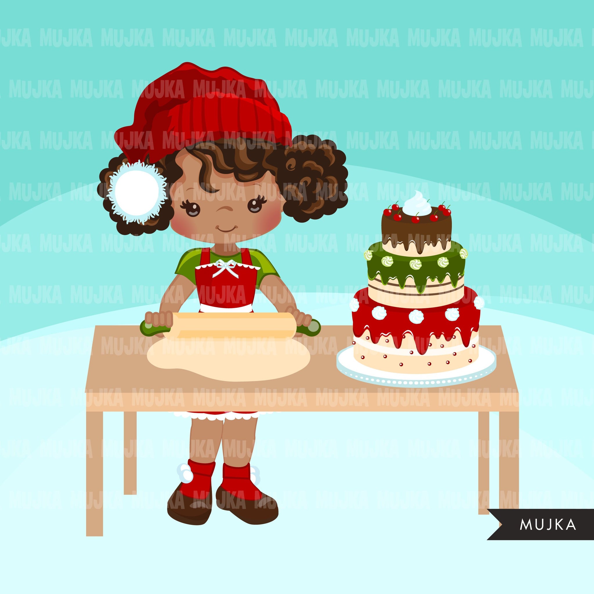 Christmas Baking Clipart, Cute baker girl characters, kitchen, baking party