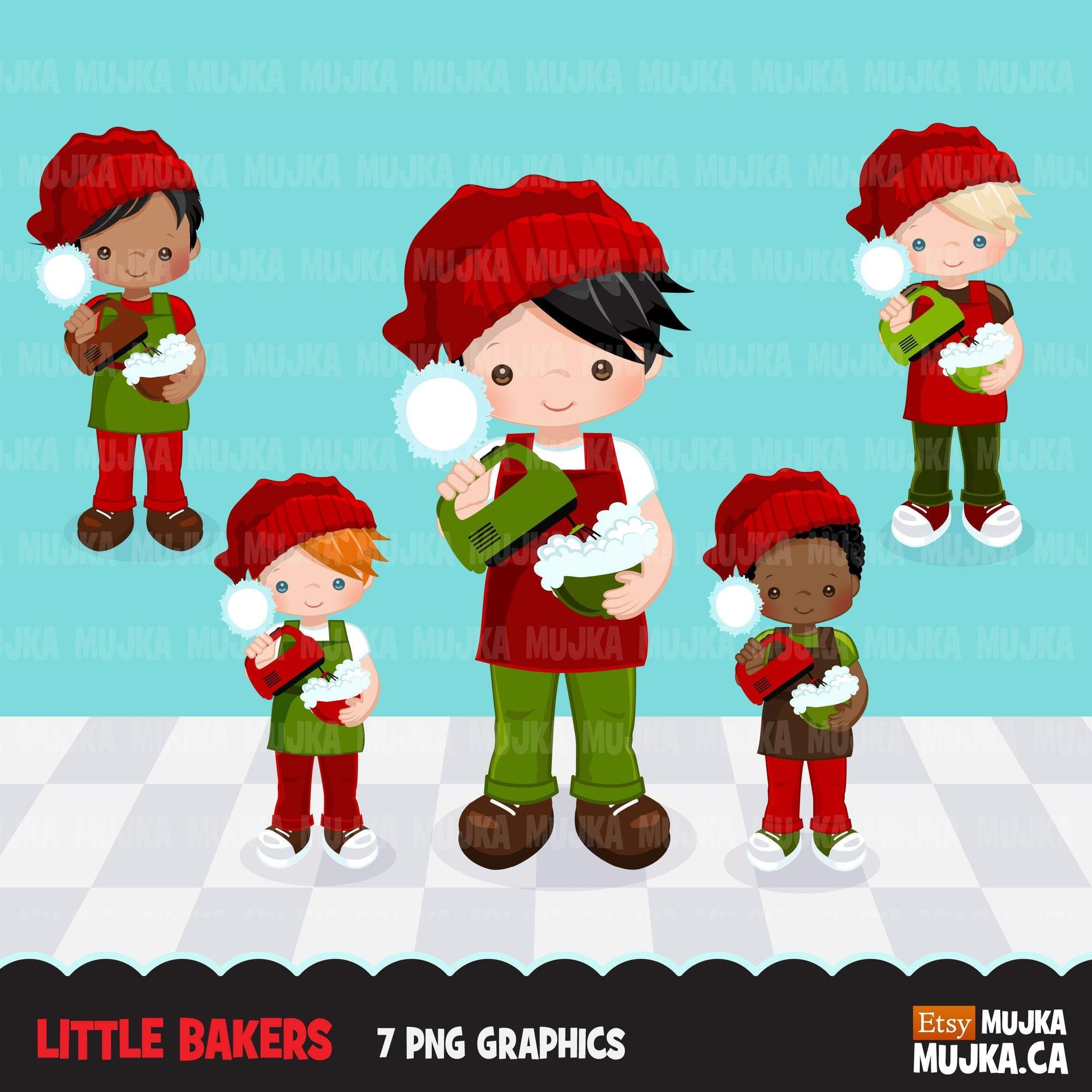 Christmas Baking Clipart, Cute baker boy characters, kitchen baking party, cake pastry chef, baker graphics, baking fun clip art