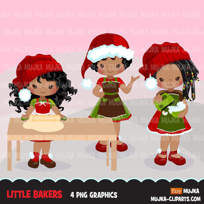 Christmas Baking Clipart, Cute black afro girl baker characters, kitchen baking party, pastry chef, cookie graphics, baking fun clip art