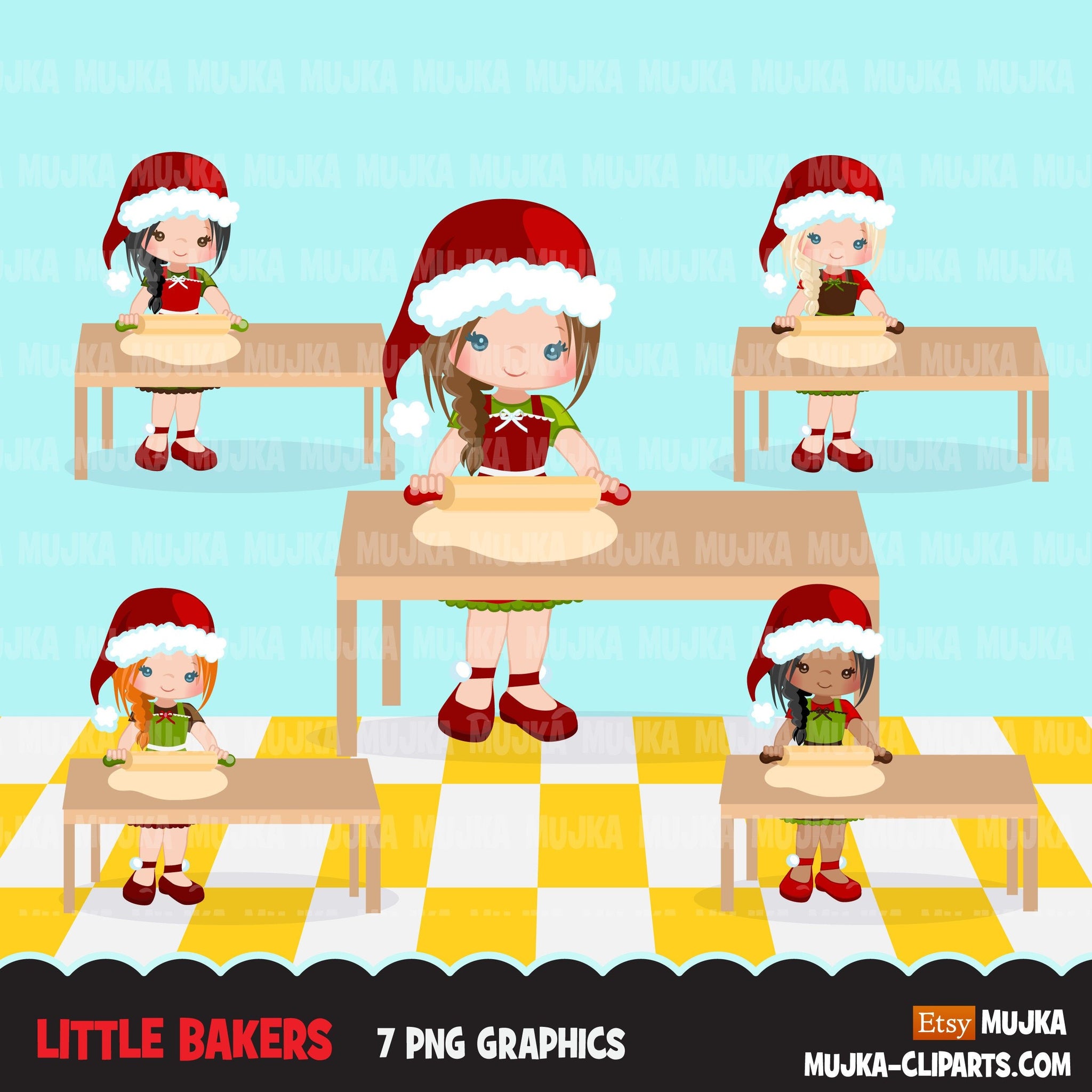 Christmas Baking Clipart Cute baker girl characters, kitchen baking party, rolling pin, pastry chef, cookie graphics, baking fun clip art