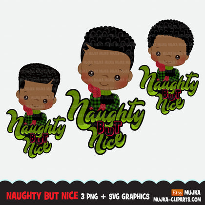 Christmas PNG digital, Naughty and Nice Printable HTV sublimation image transfer clipart, t-shirt Afro black boy graphics