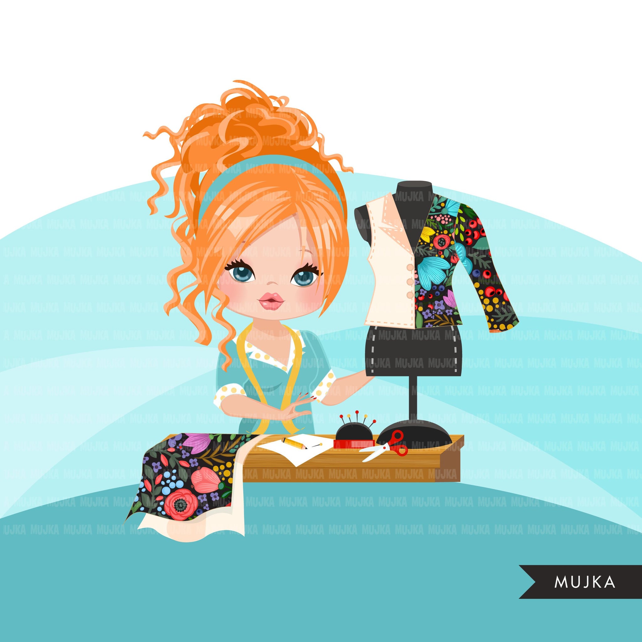 Woman seamstress avatar clipart with sewing graphics girl, print and cut T-Shirt Designs, taylor clip art