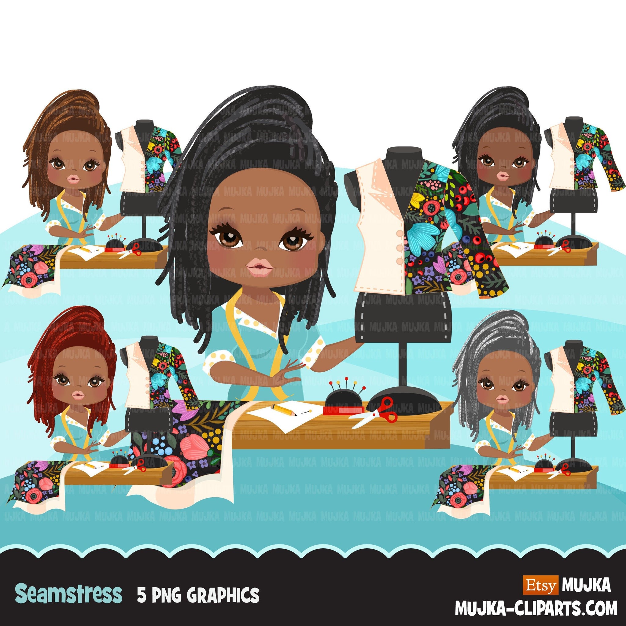 Afro braids Woman seamstress avatar clipart with sewing graphics girl, print and cut T-Shirt Designs, taylor clip art