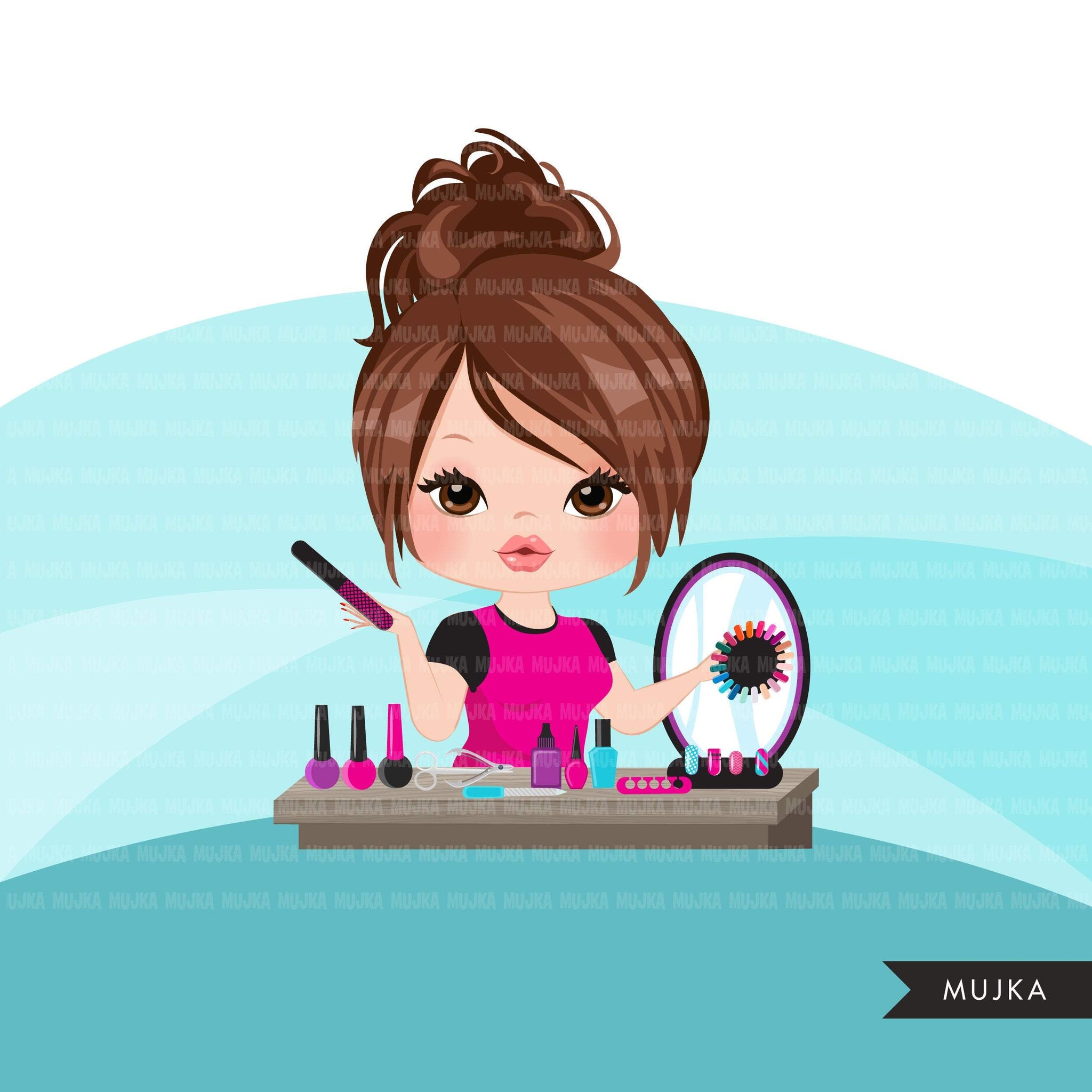 Clipart de avatar de manicure feminina com gráficos de nail art, desenhos de camisetas impressas e cortadas, clipart de técnico de unhas