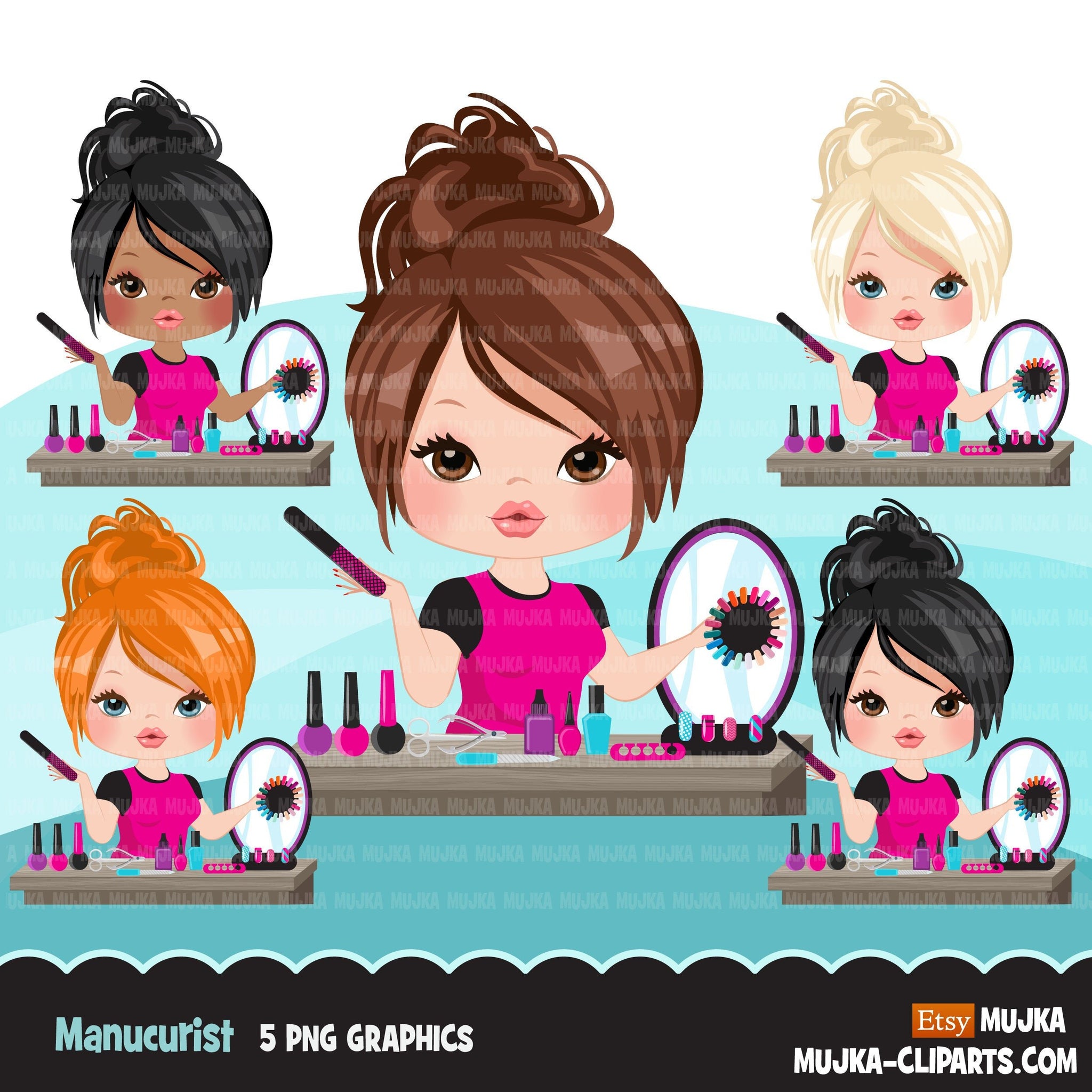 Clipart de avatar de manicure feminina com gráficos de nail art, desenhos de camisetas impressas e cortadas, clipart de técnico de unhas