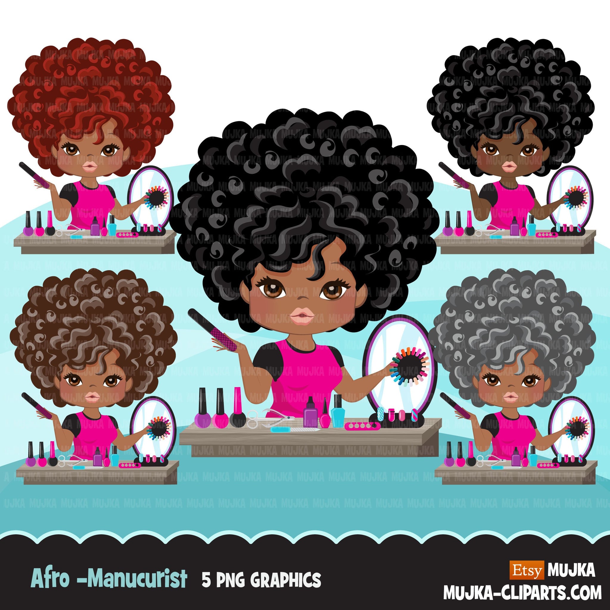 Afro Woman manicurist avatar clipart with nail art graphics girl, print and cut T-Shirt Designs, nail technician clip art