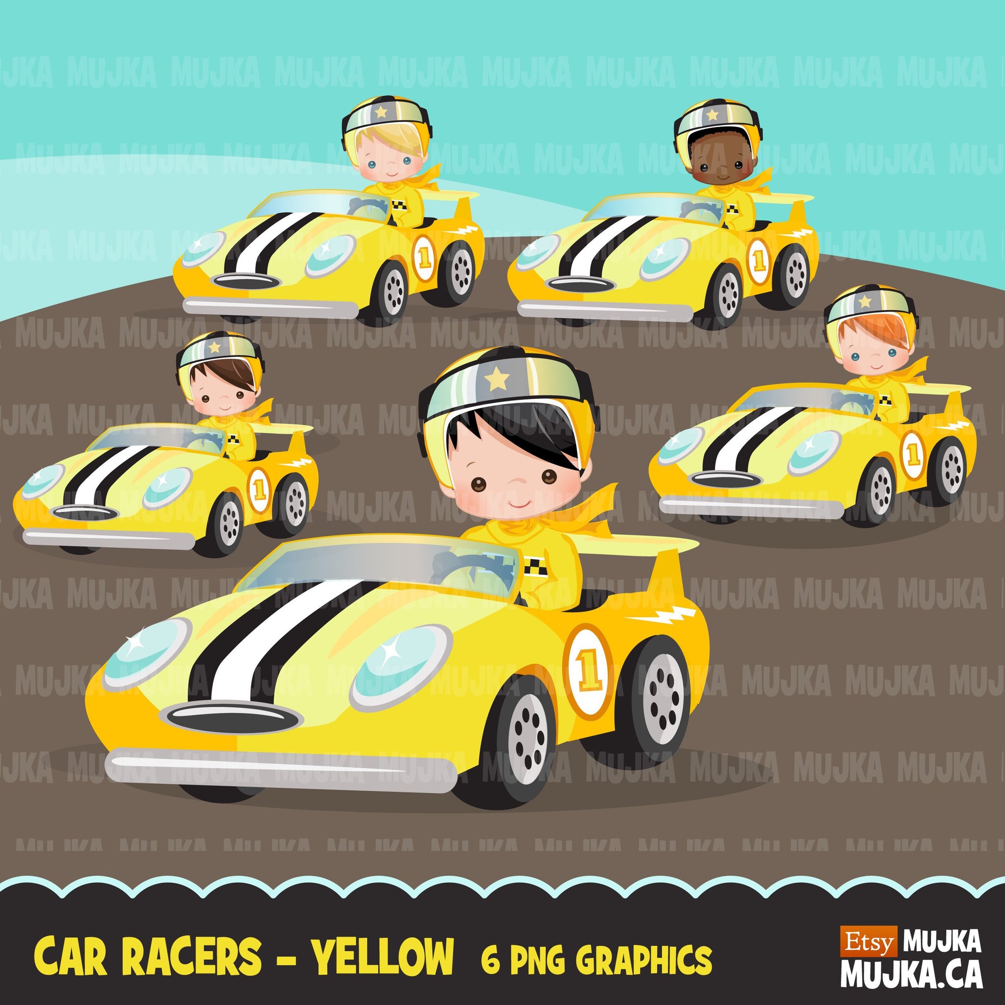 Car Racing Clipart, Race car driver Formula 1 graphics, boys birthday yellow team clip art, planner stickers, commercial use, F1 racing
