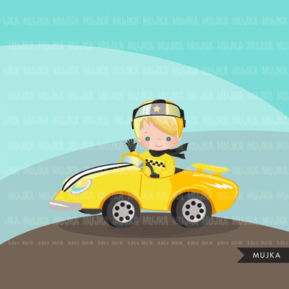 Car Racing Clipart for boys, Race car driver Formula 1 graphics, boys birthday yellow team clip art, planner stickers, commercial , F1