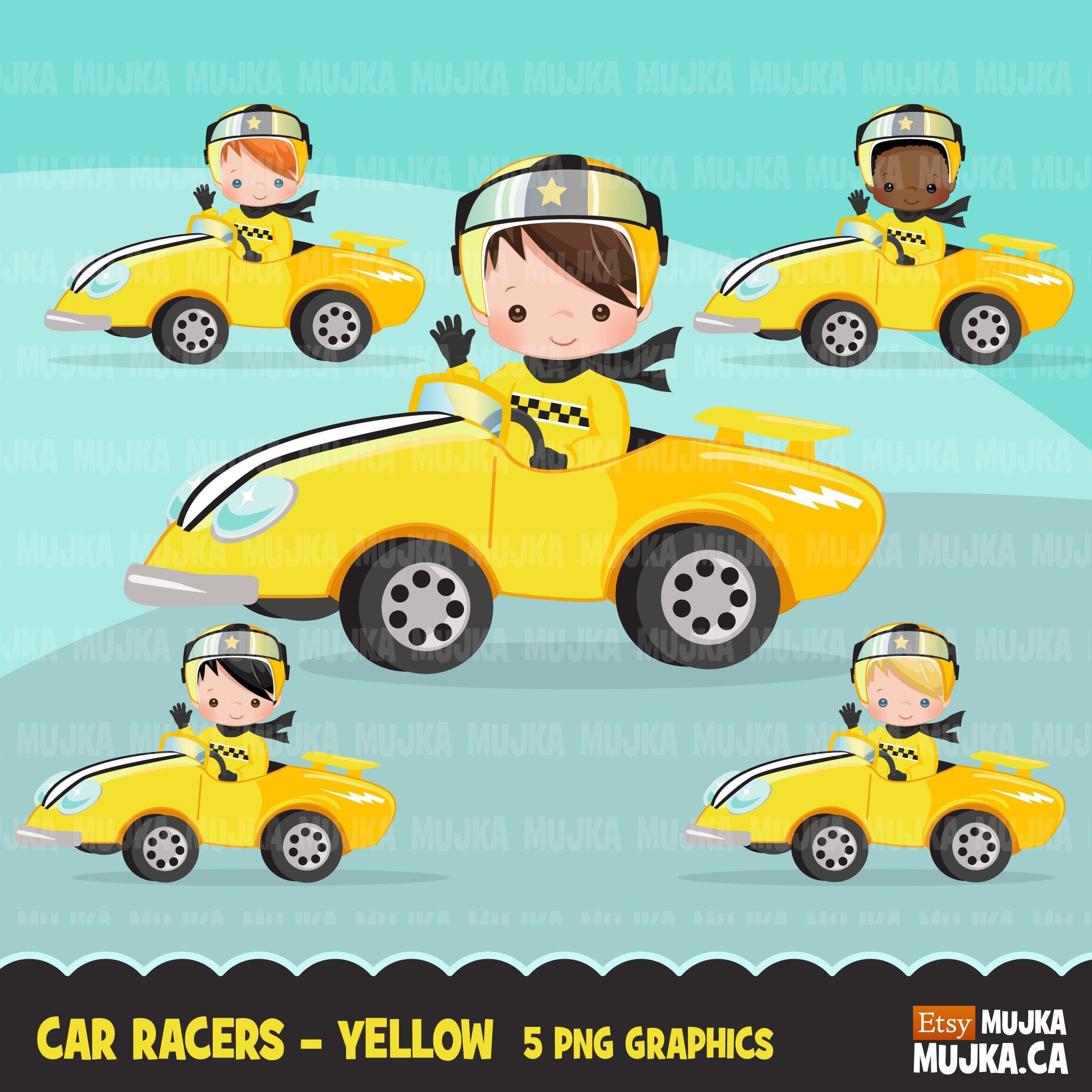Car Racing Clipart for boys, Race car driver Formula 1 graphics, boys birthday yellow team clip art, planner stickers, commercial , F1